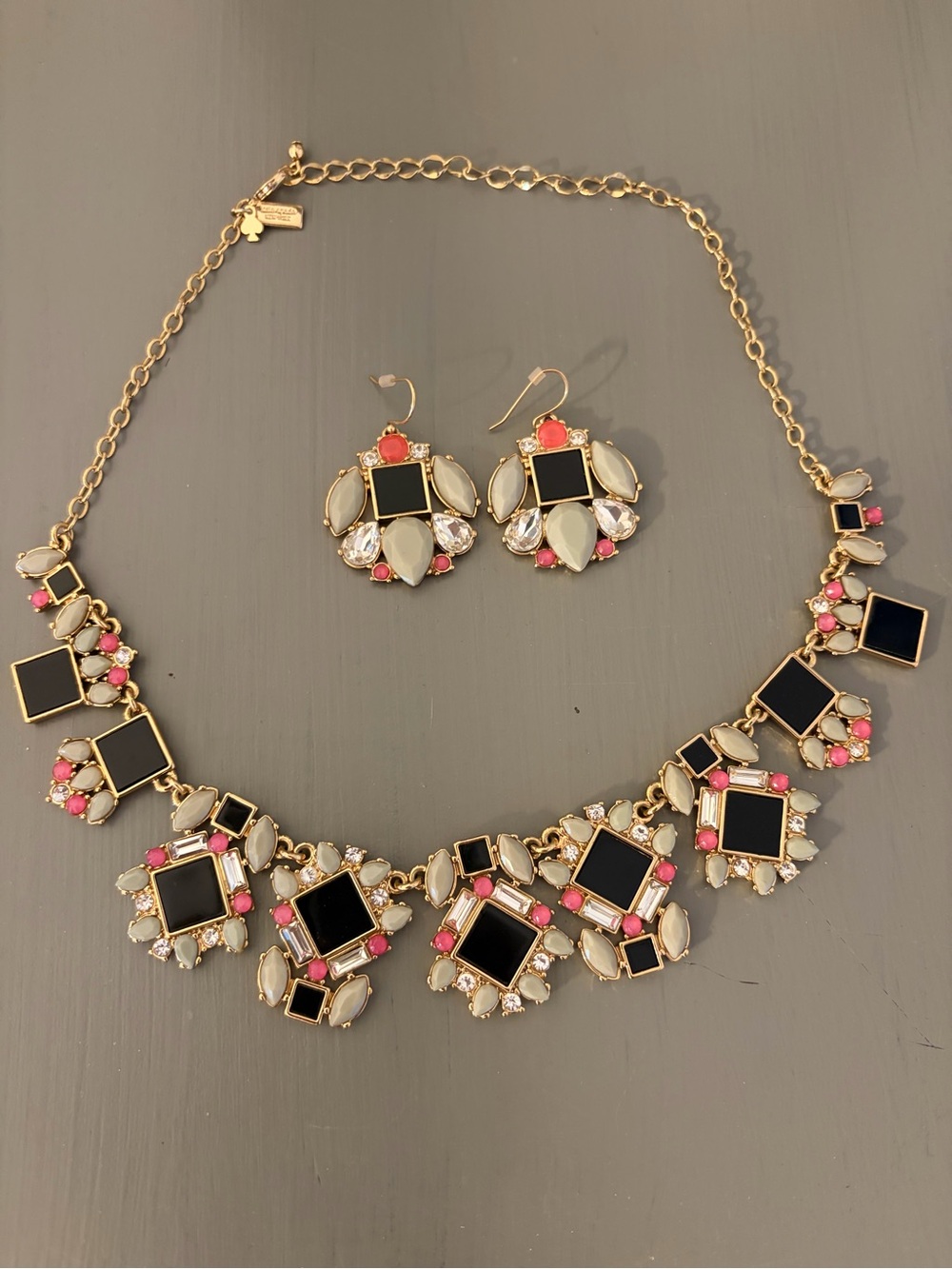 Kate Spade Gold Tone Black and Pink Statement Necklace & Earring Set